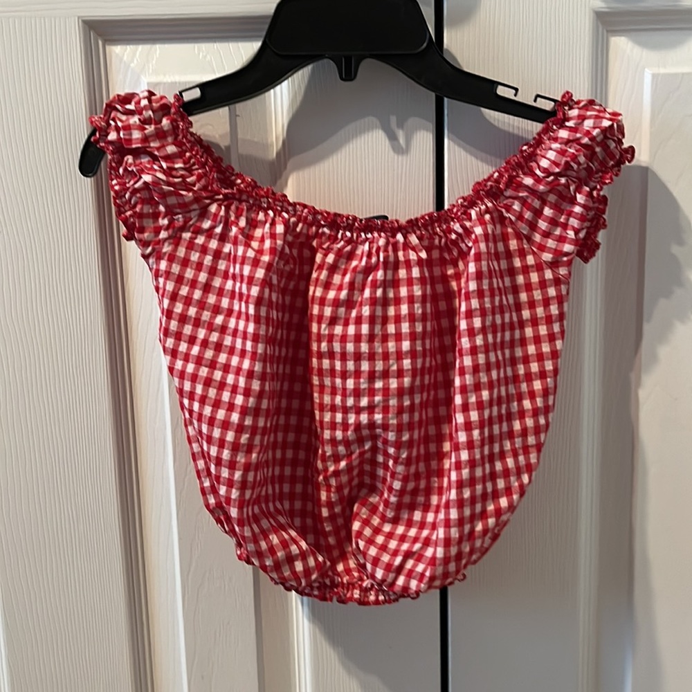 Brandy Melville red checkered picnic cropped peasant blouse